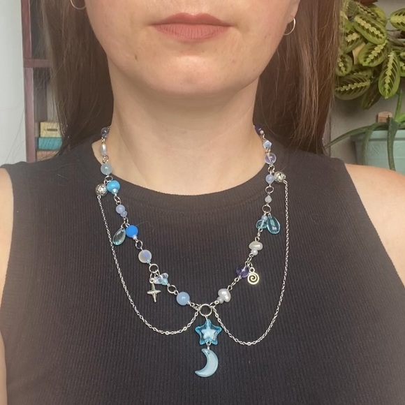 Star of Elendil Blue & Silver Beaded Charm Necklace Pendant Chain Moon Spiral - Picture 4 of 7